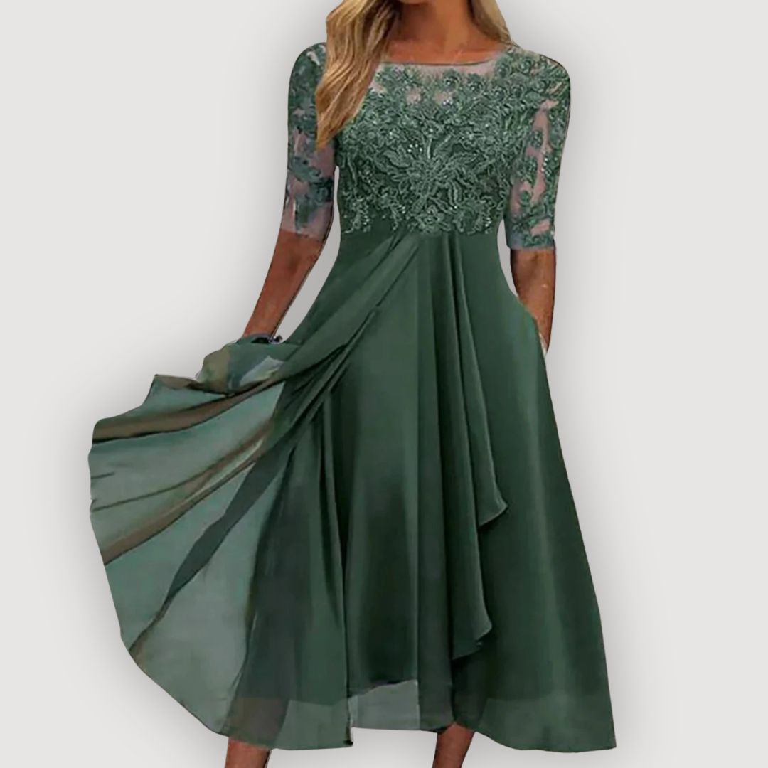 Seraphina™ | Elegant Lace Midi Dress with Flowy Skirt
